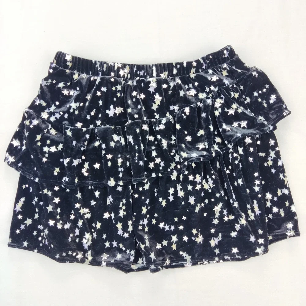Old Navy Skirt Girls‎ L 10-12 Blue Velvet Star Tiered Ruffle Metallic Celestial